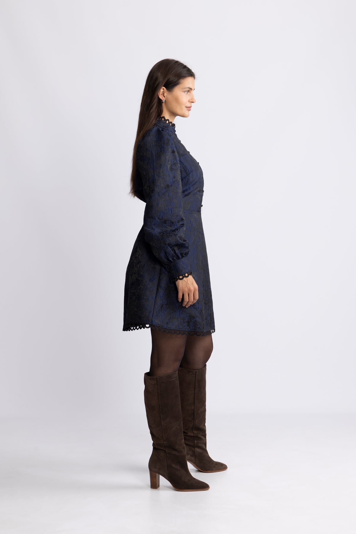 Bergine Brocade Pattern Dress - Mörkblå