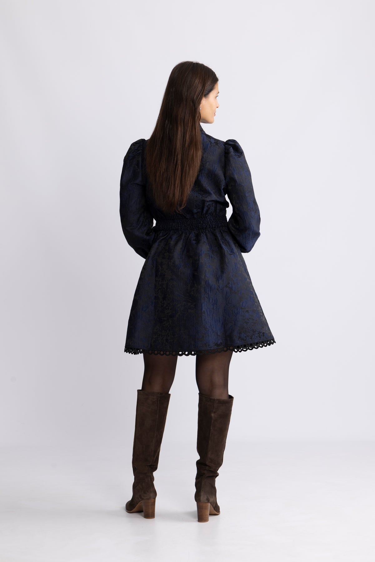 Bergine Brocade Pattern Dress - Mörkblå