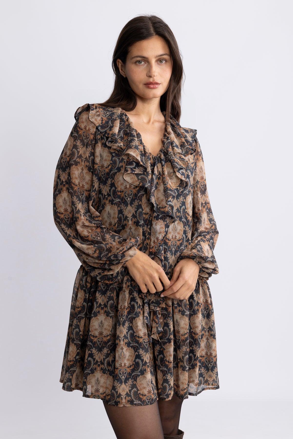Hellvi Ruffle Chiffon Dress - Beige Paisley