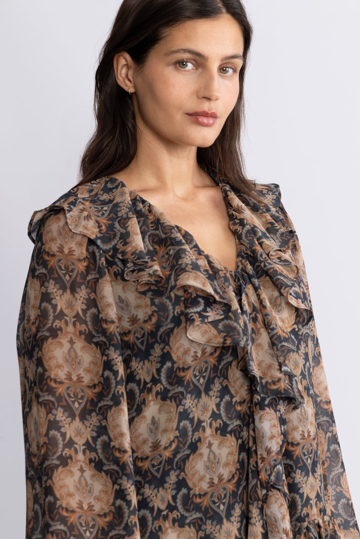 Hellvi Ruffle Chiffon Dress - Beige Paisley