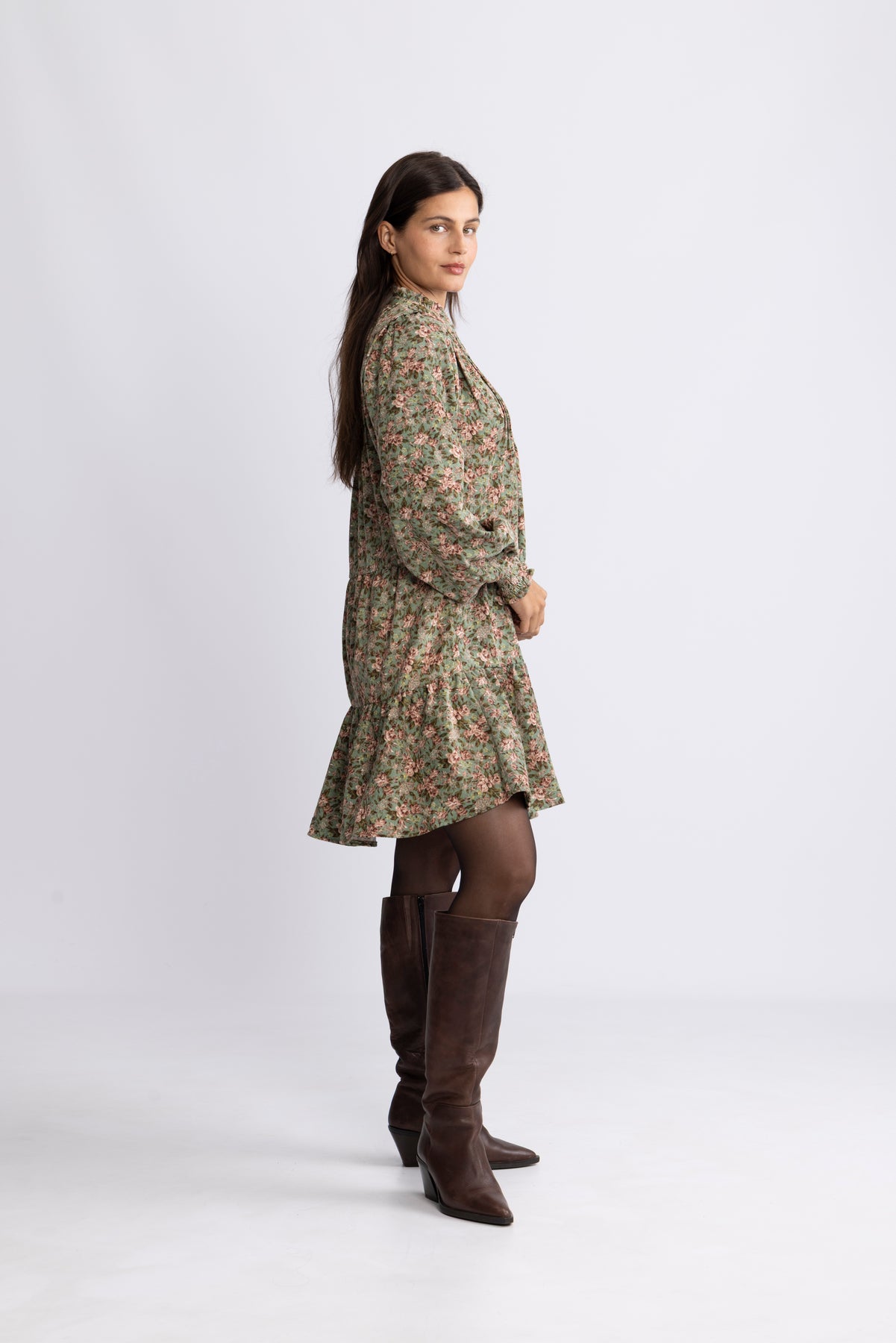 Embla Cord Floral Dress - Green Flower