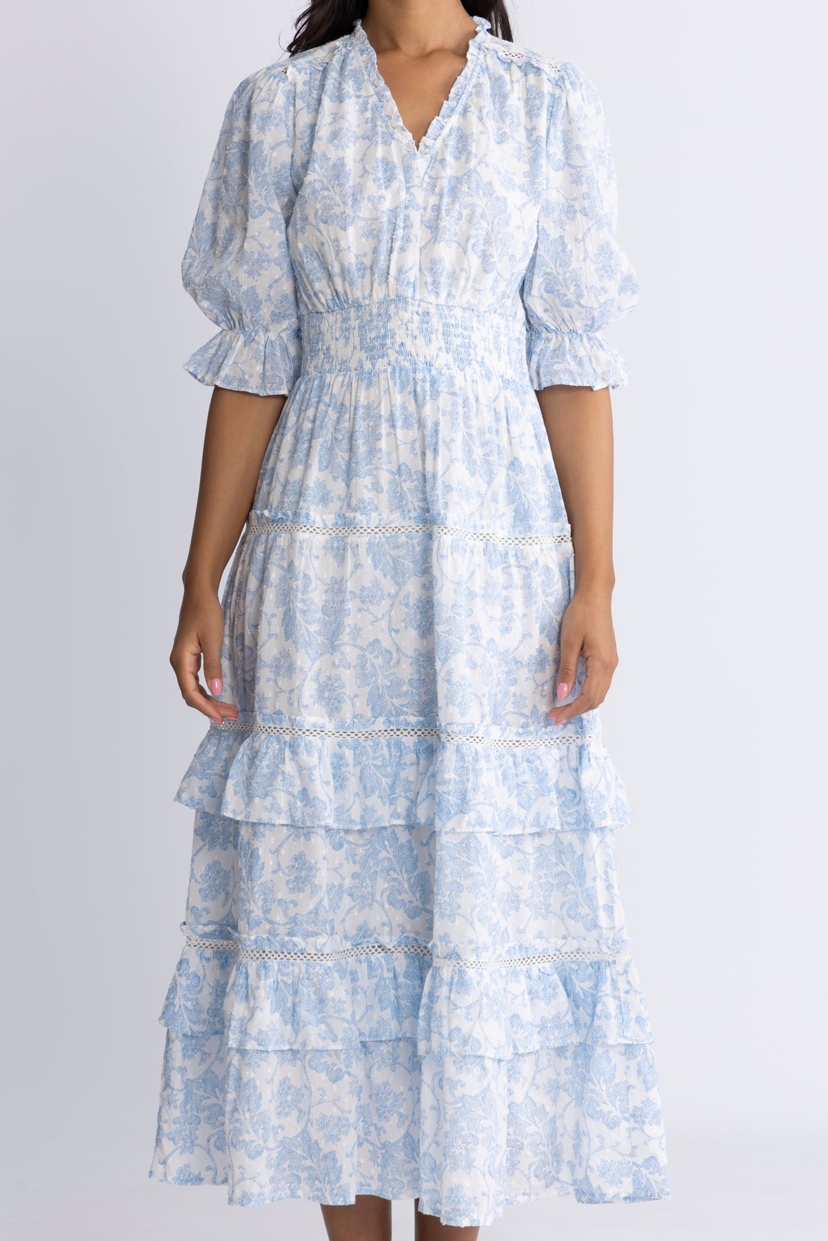 Vera Flower Dobby Dress - Blue Dobby Flower