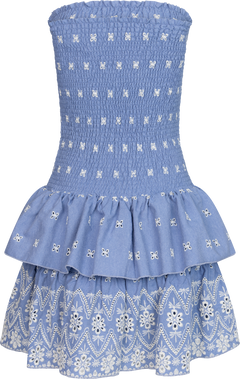 Kanutte Fine Emb Smock Dress - Blue/White