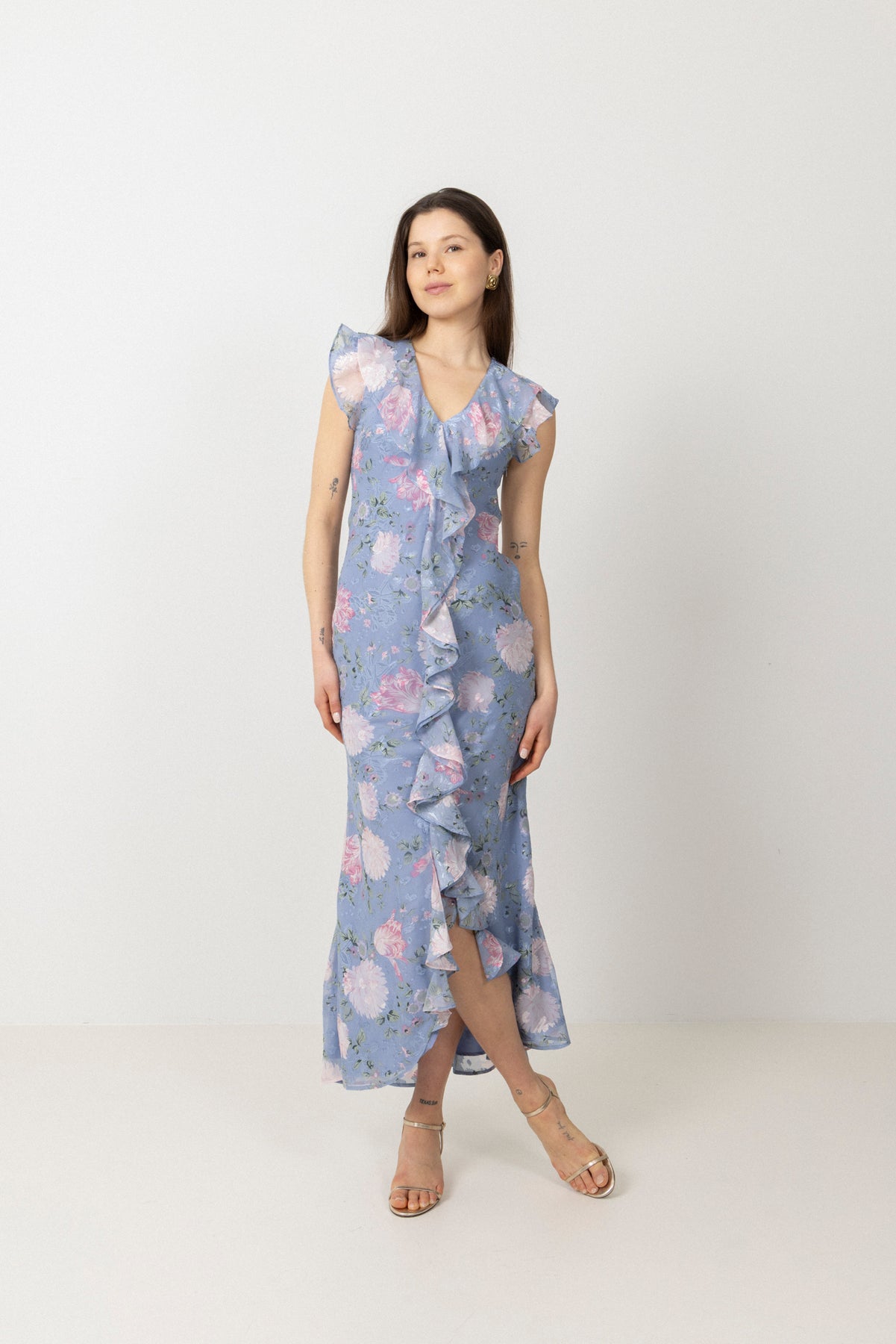 Adelia Chiffon Floral Dress - Ljusblå