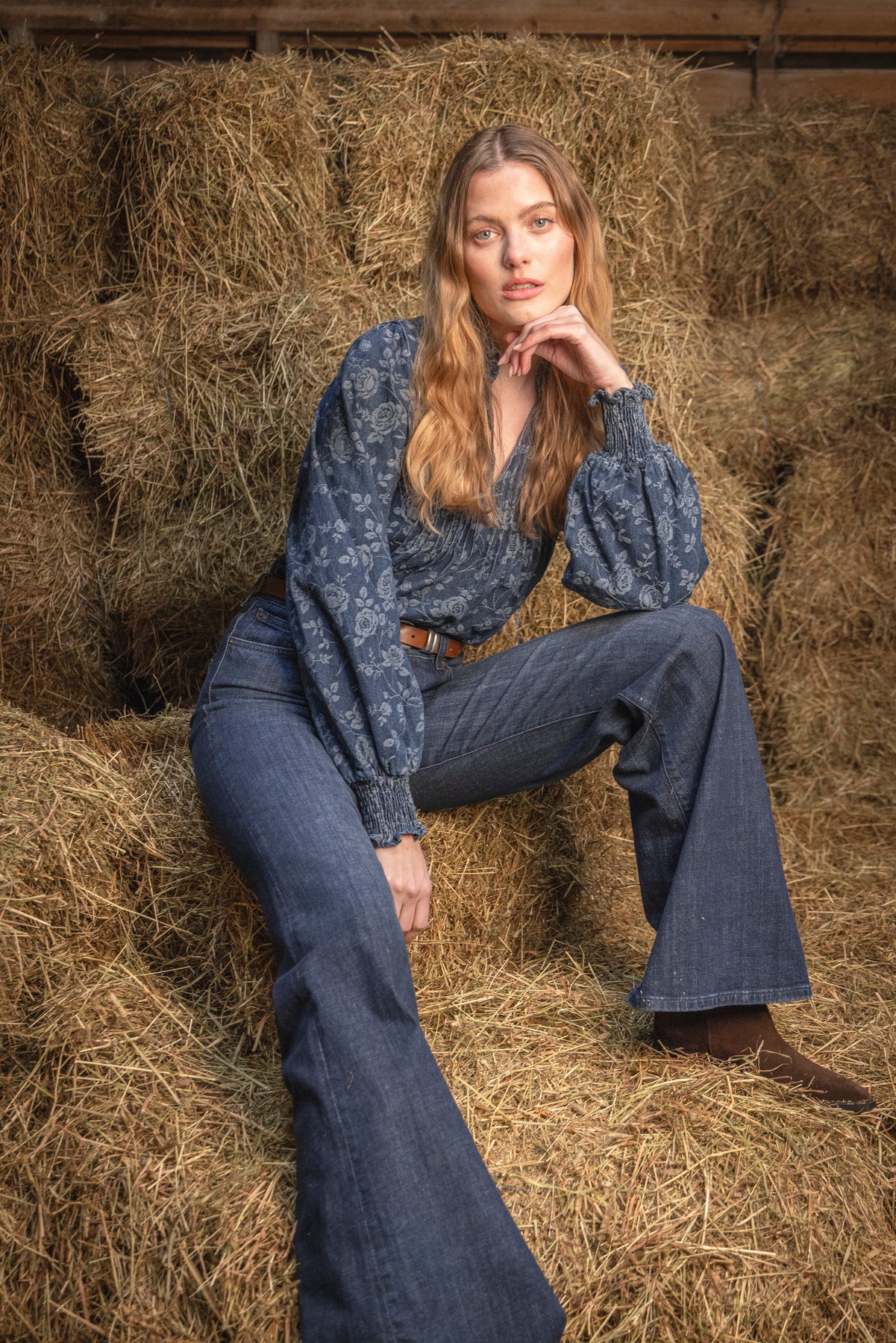 Emma Denim Jacquard Blus - Blue Flower