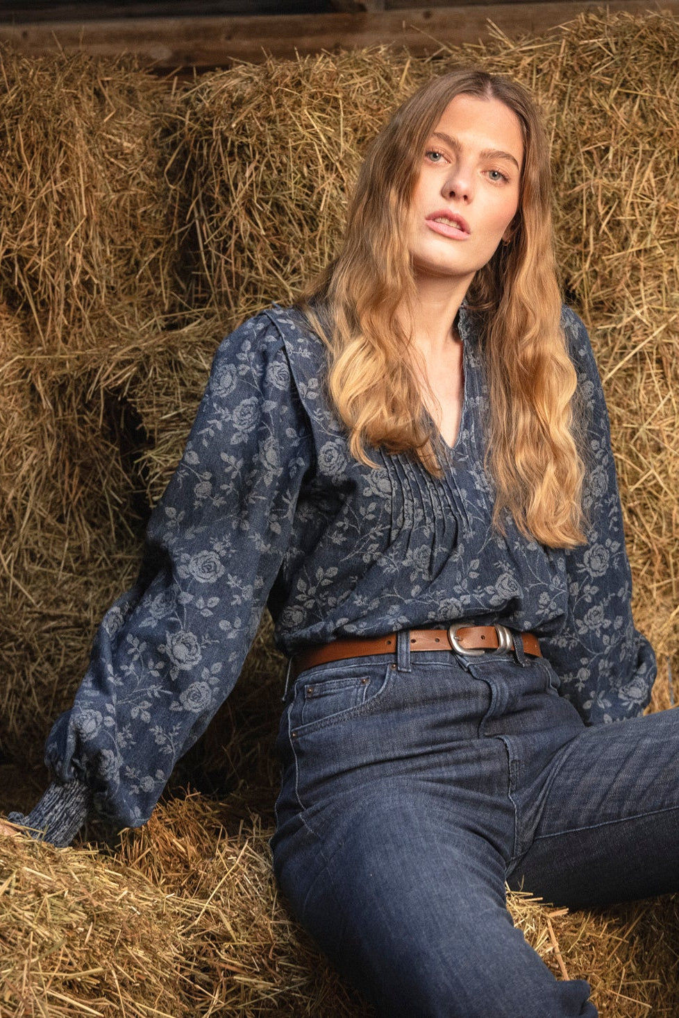 Emma Denim Jacquard Blus - Blue Flower