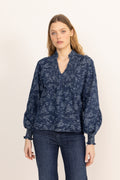 Emma Denim Jacquard Blus - Blue Flower