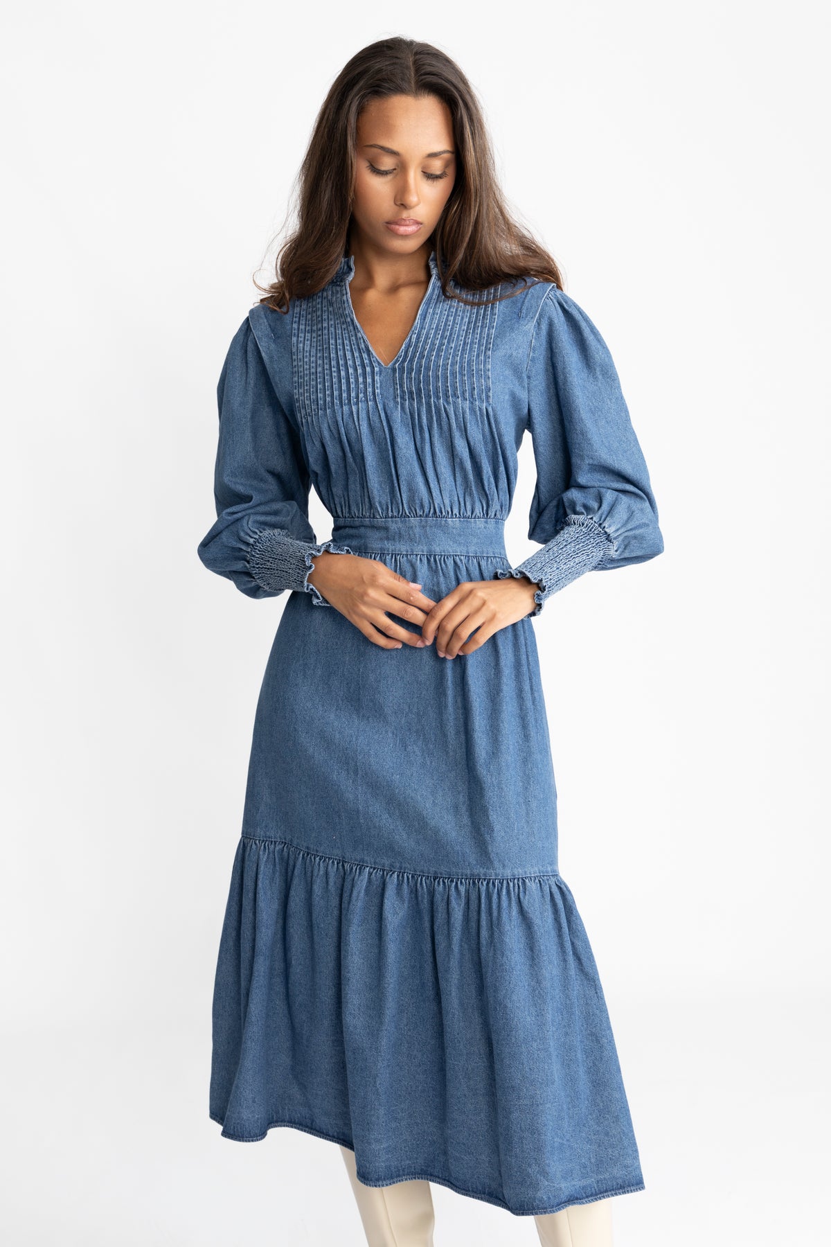 Evina Denim Midi Dress - Blue