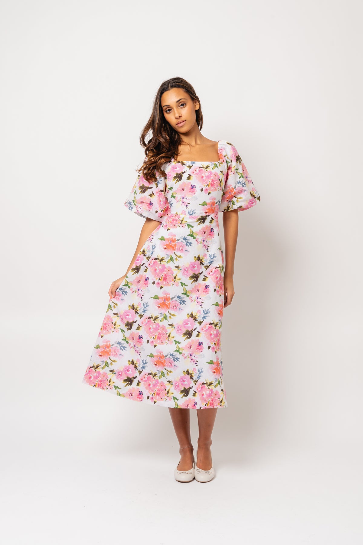 Eva Linen Midi Dress - Pink Peony