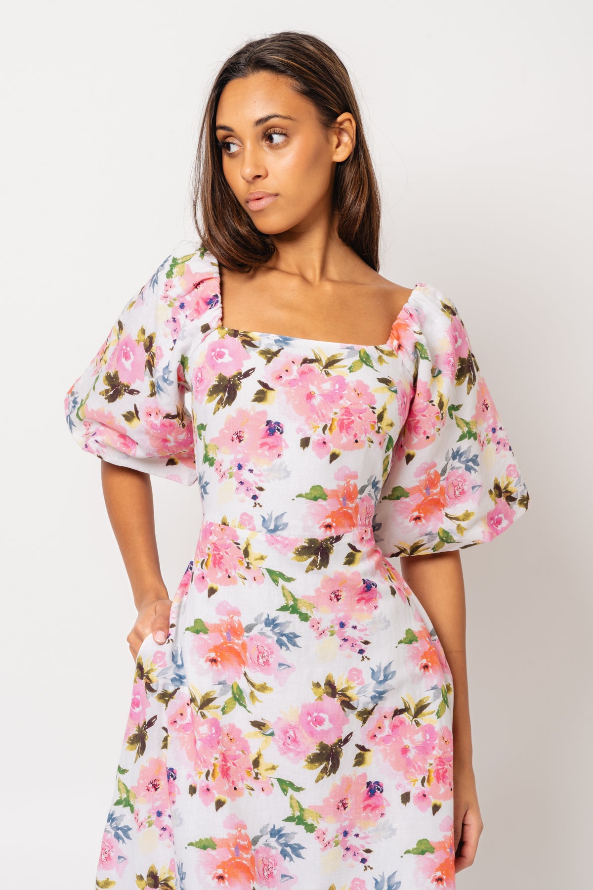Eva Linen Midi Dress - Pink Peony