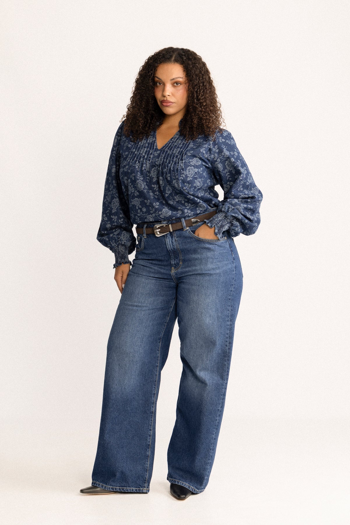 Emma Denim Jacquard Blus - Blue Flower