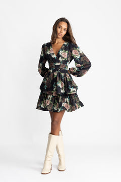 Jade Wave Flower Dress - Black