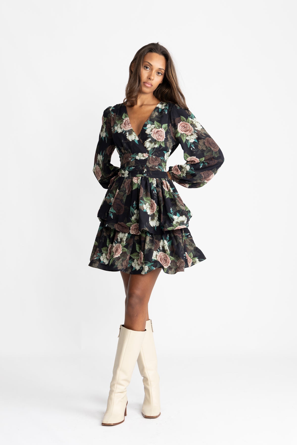 Jade Wave Flower Dress - Black