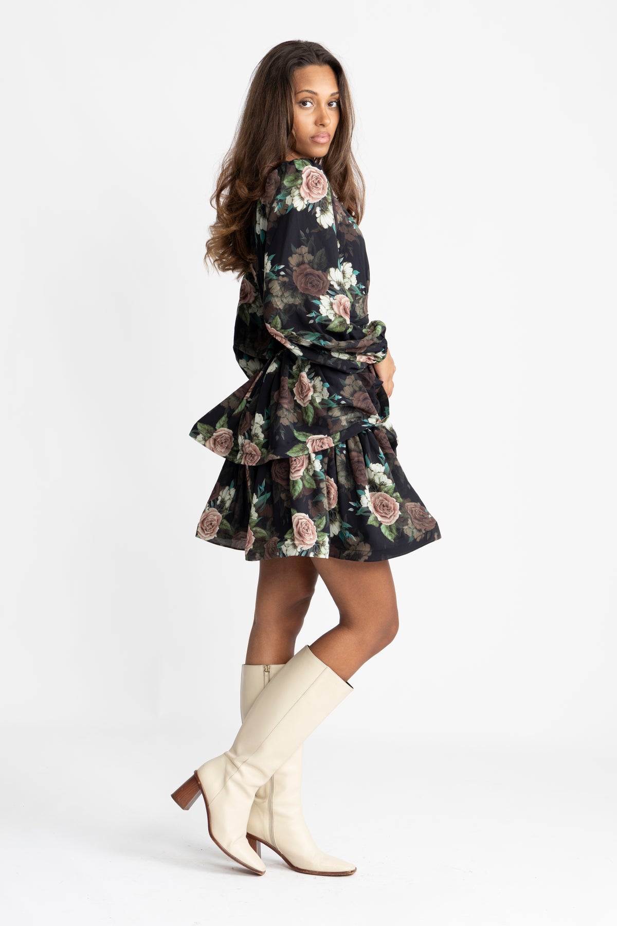 Jade Wave Flower Dress - Black