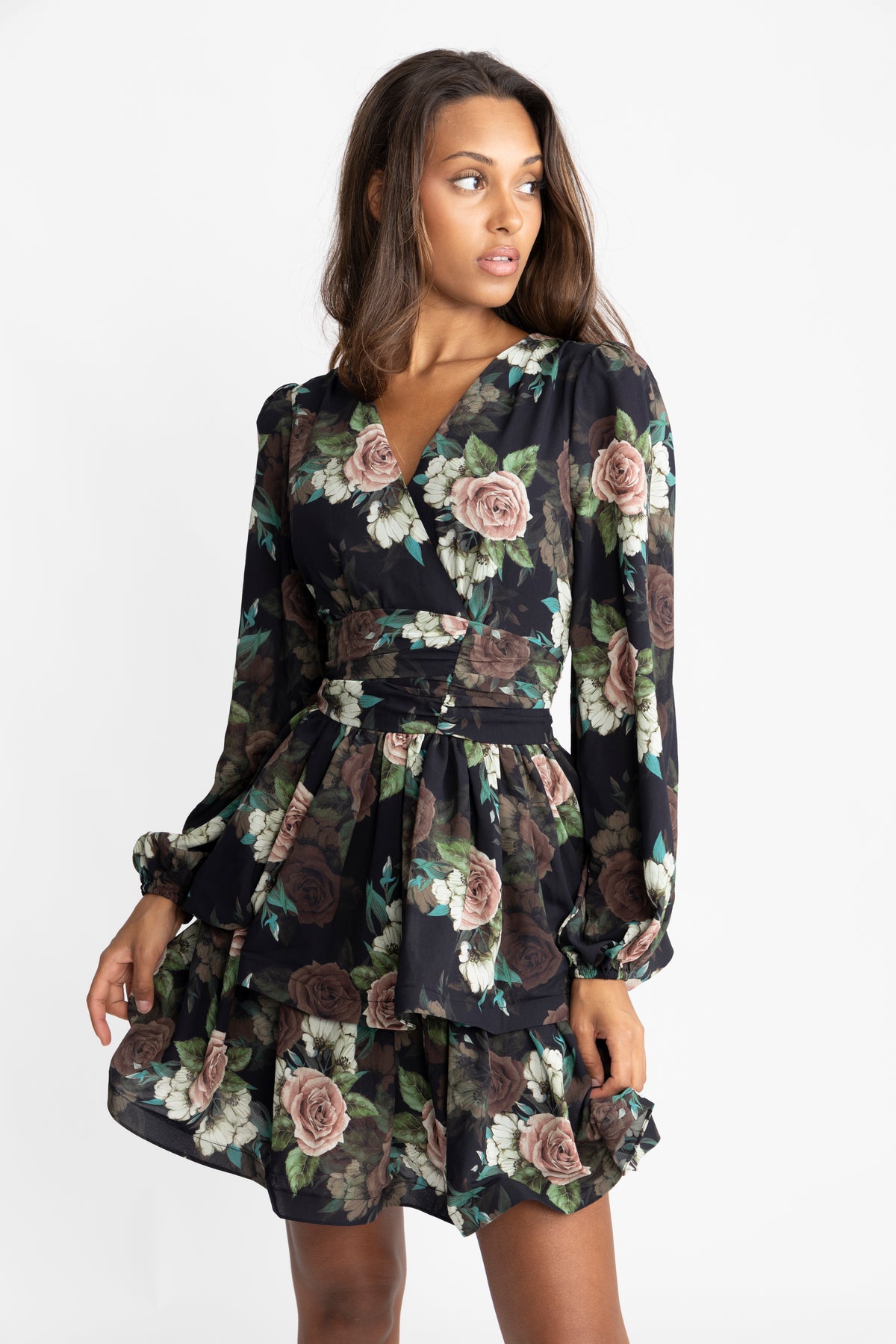Jade Wave Flower Dress - Black