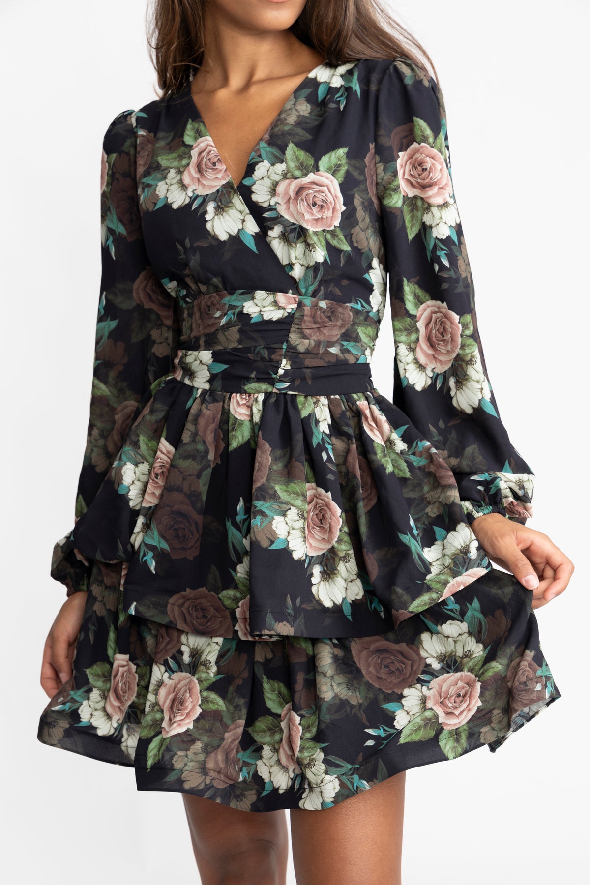 Jade Wave Flower Dress - Black