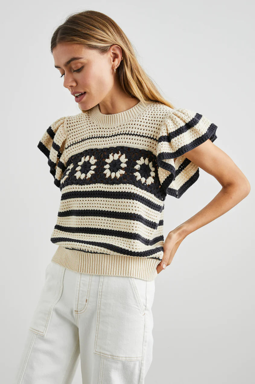 Penelope - Oat Navy Crochet Stripe