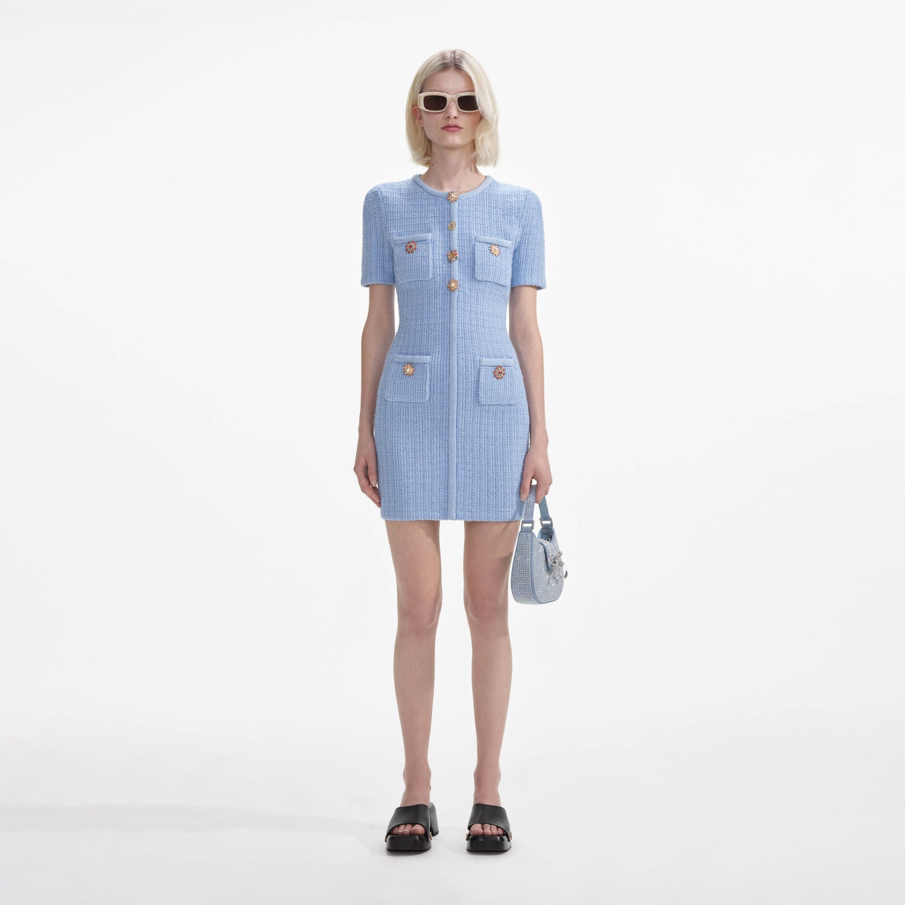 Jewel Button Knit Mini Dress - Blue