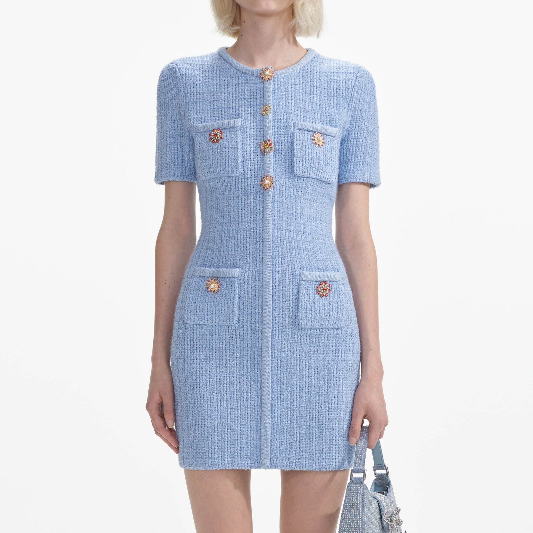 Jewel Button Knit Mini Dress - Blue