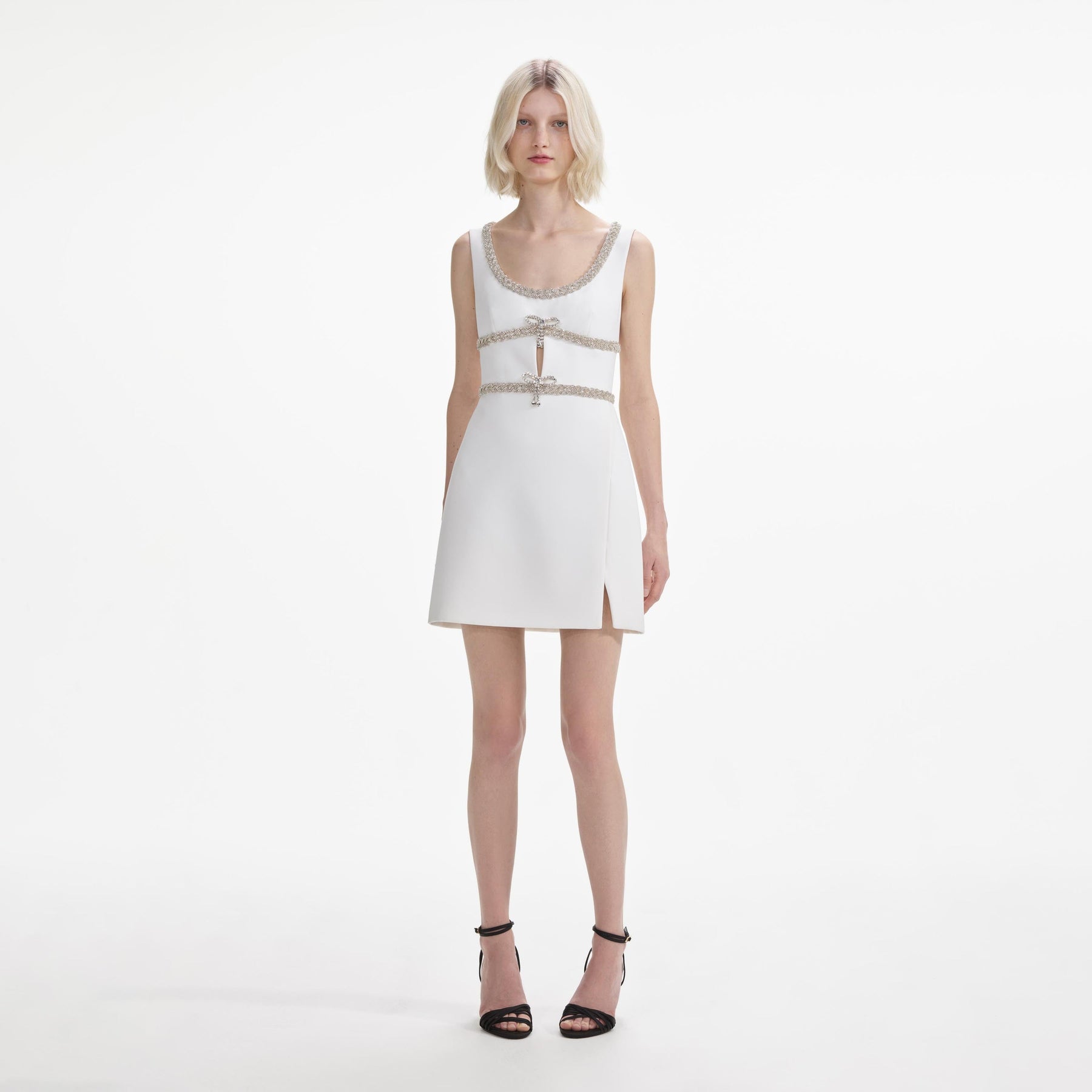 Diamante Bow Trim Mini Dress - White