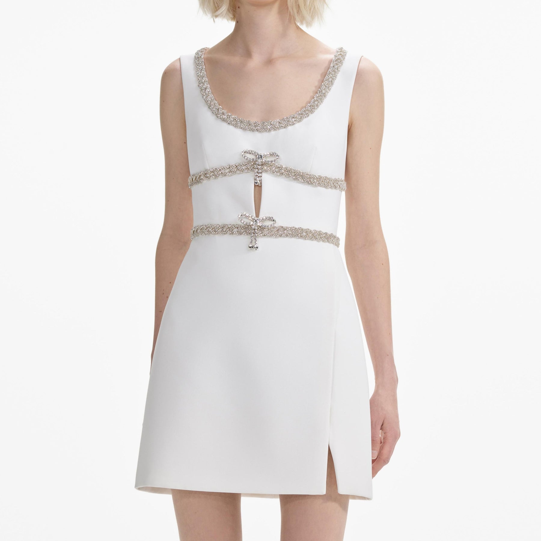 Diamante Bow Trim Mini Dress - White