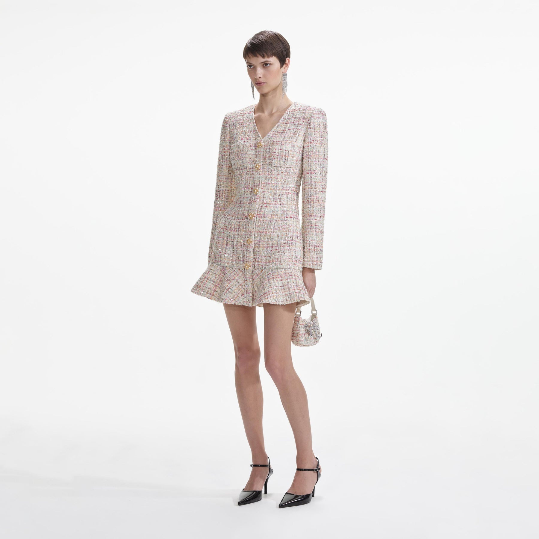 Pastel Boucle V-Neck Mini Dress - Multi