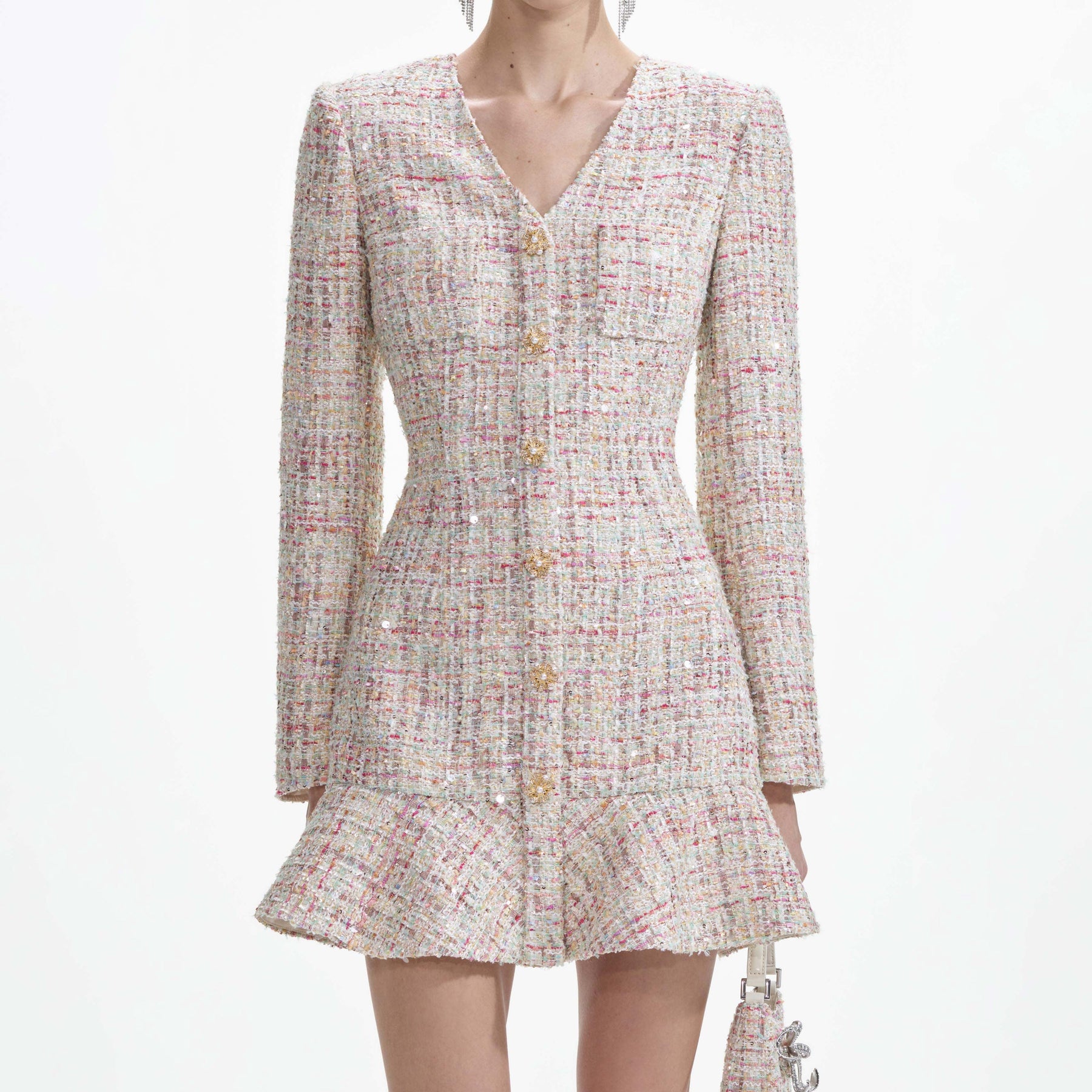 Pastel Boucle V-Neck Mini Dress - Multi