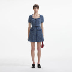 Textured Denim Short Sleeve Mini Dress - Blue