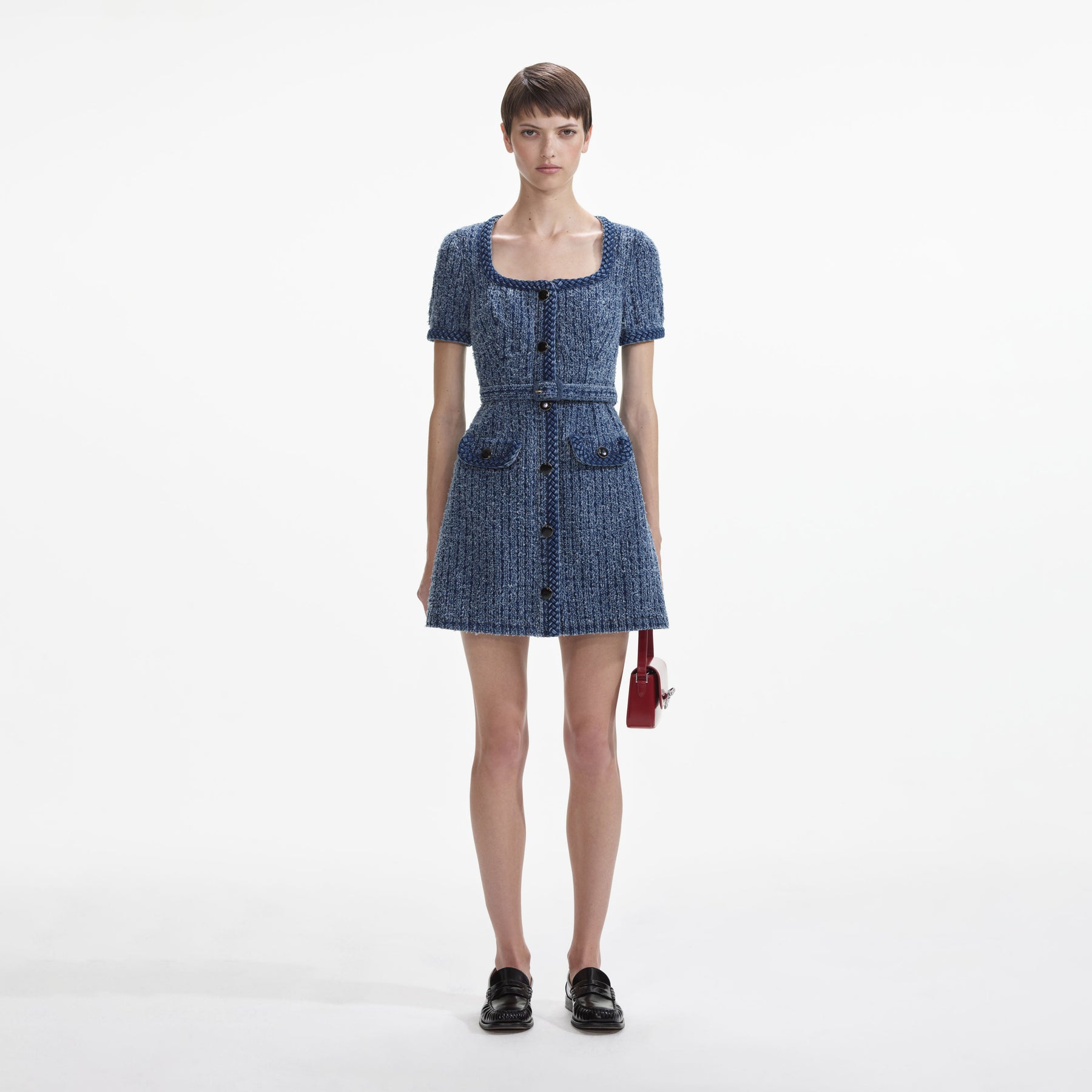 Textured Denim Short Sleeve Mini Dress - Blue