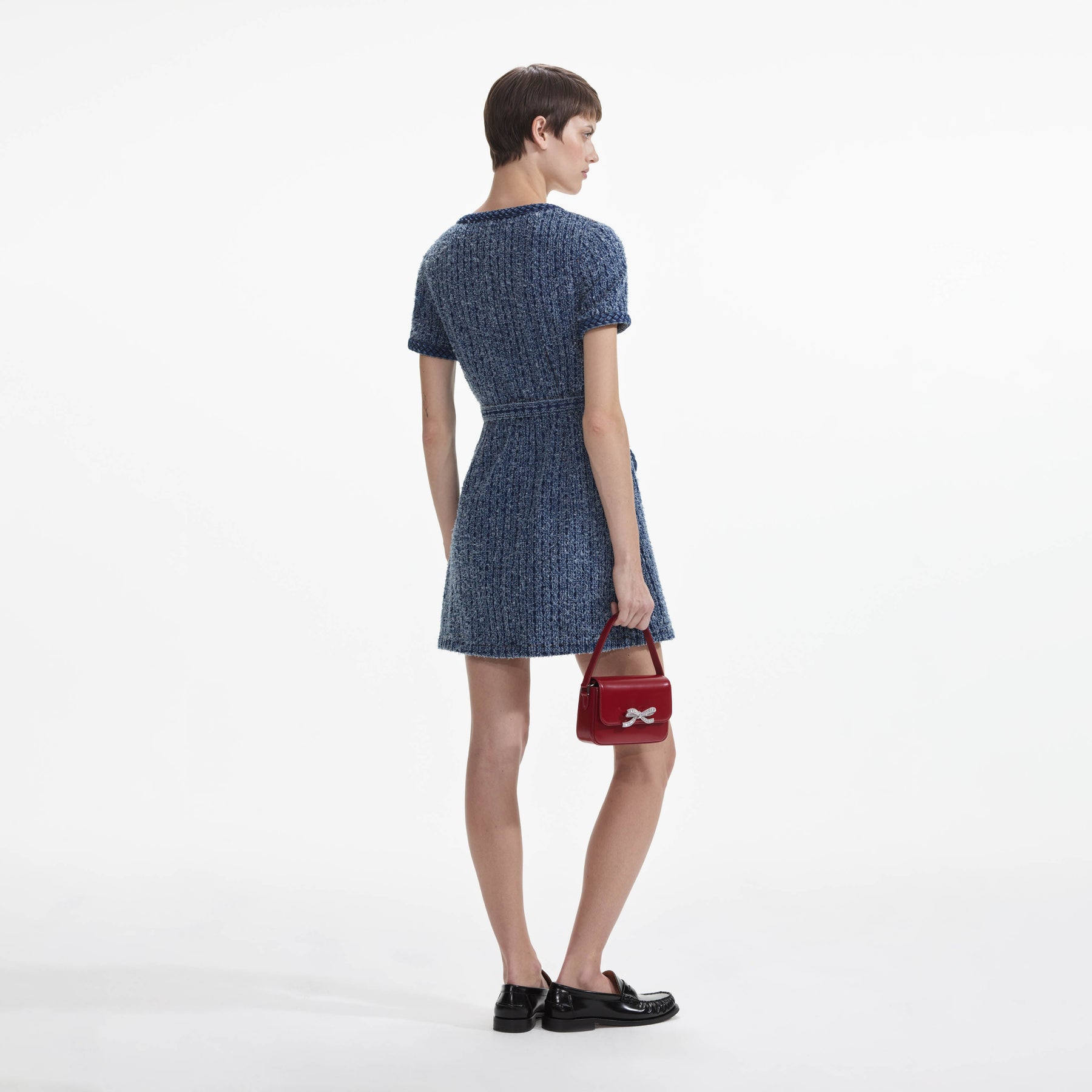 Textured Denim Short Sleeve Mini Dress - Blue