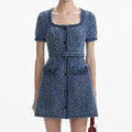 Textured Denim Short Sleeve Mini Dress - Blue