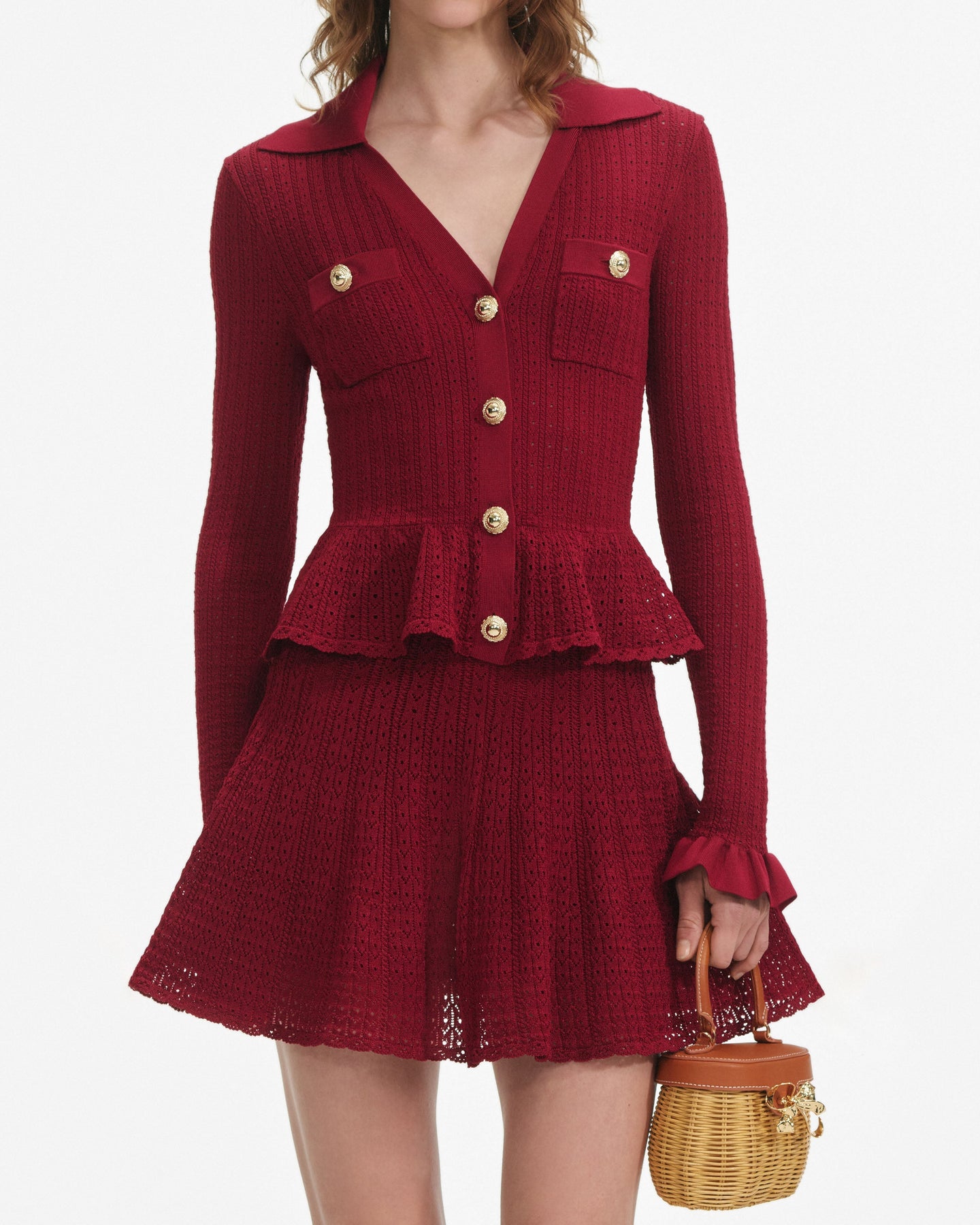 Pointelle Knit Mini Dress - Burgunder
