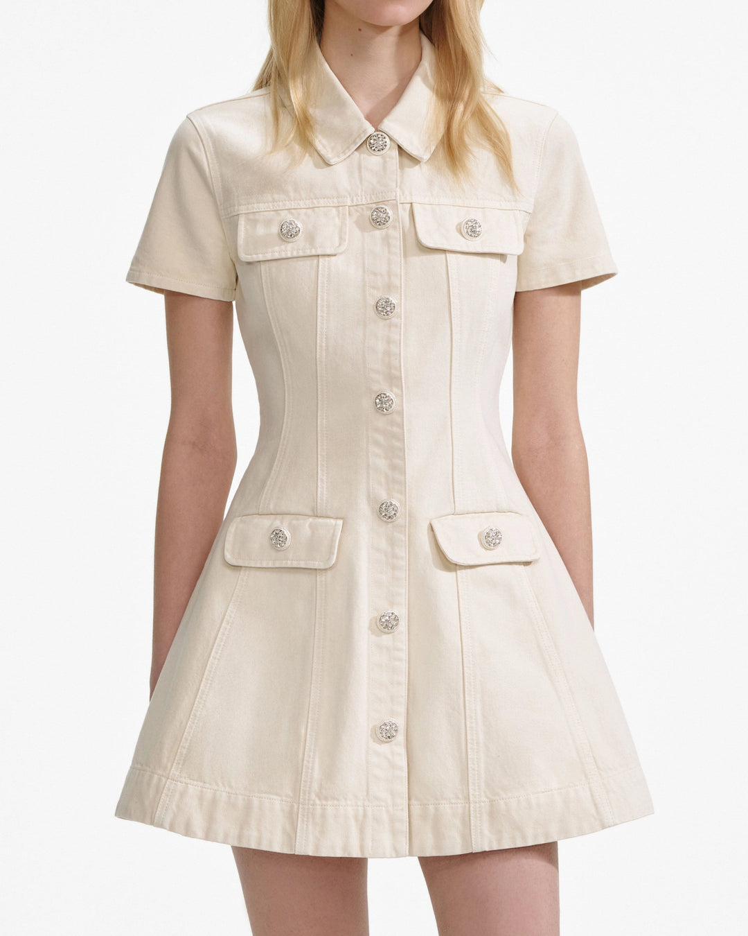 Collared Denim Mini Dress - Cream