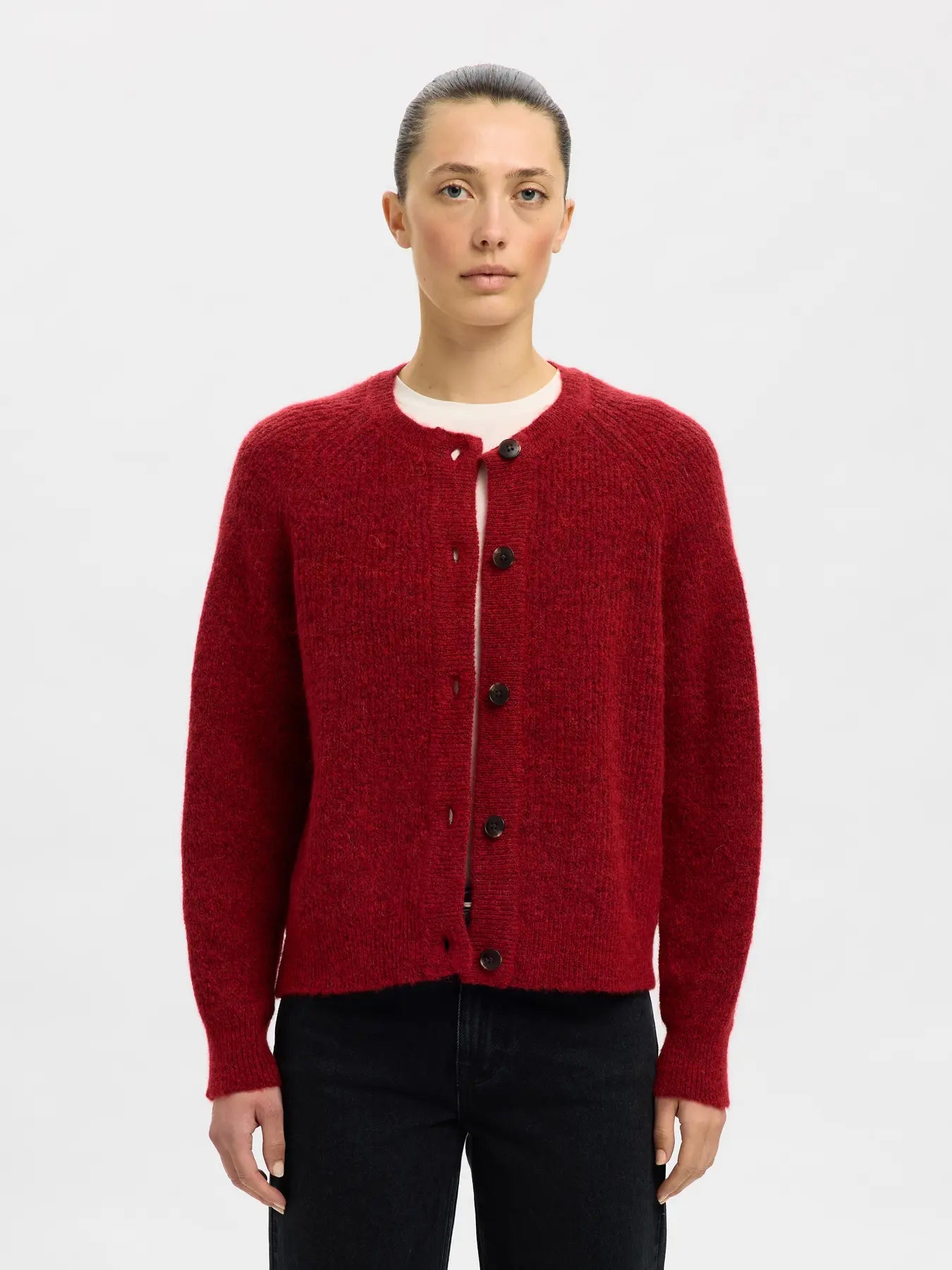 Lulu Ls stickad kort kofta - Equestrian Red Melange