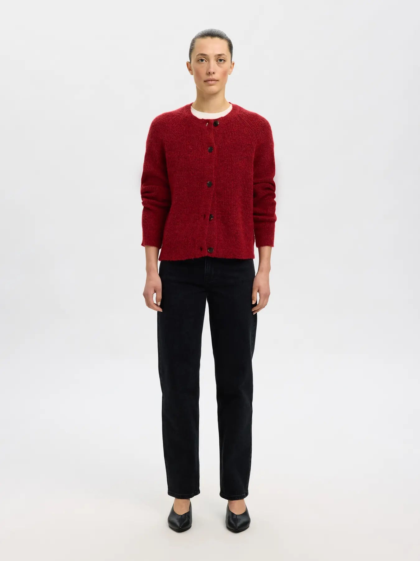 Lulu Ls stickad kort kofta - Equestrian Red Melange