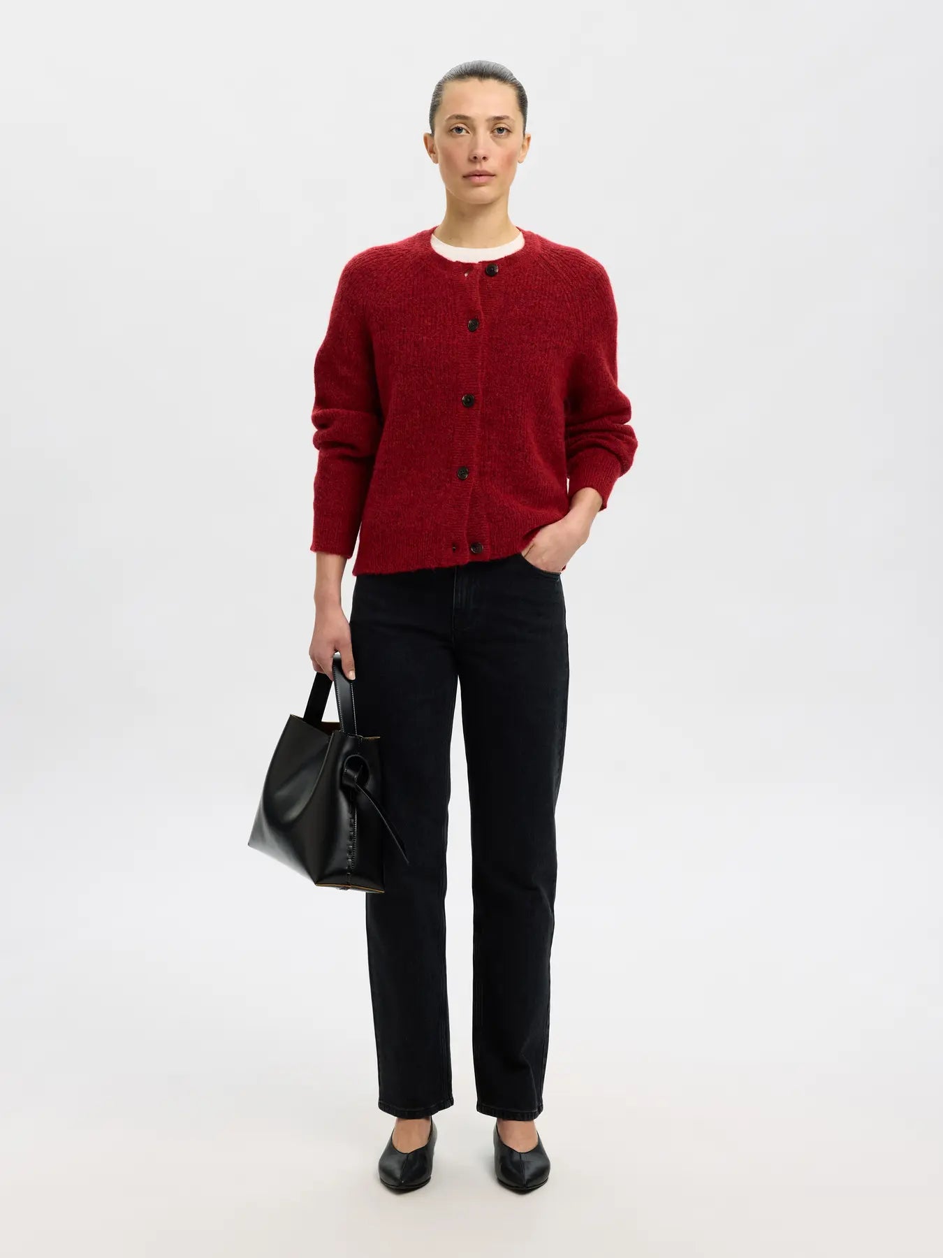Lulu Ls stickad kort kofta - Equestrian Red Melange