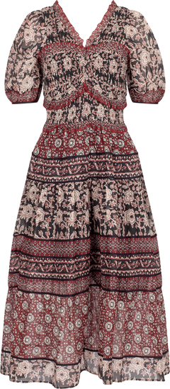 Danae Print Puff Slv Smocked Dress - Red