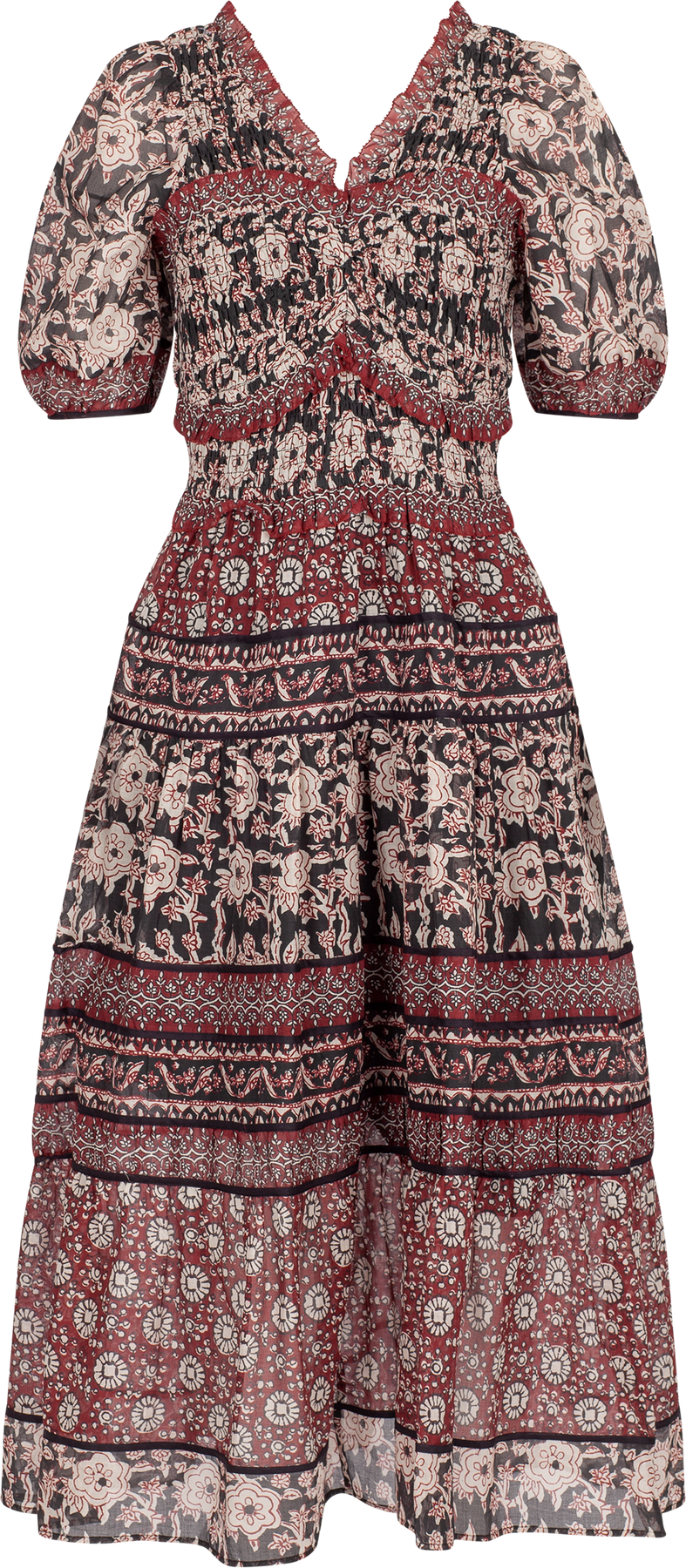 Danae Print Puff Slv Smocked Dress - Red