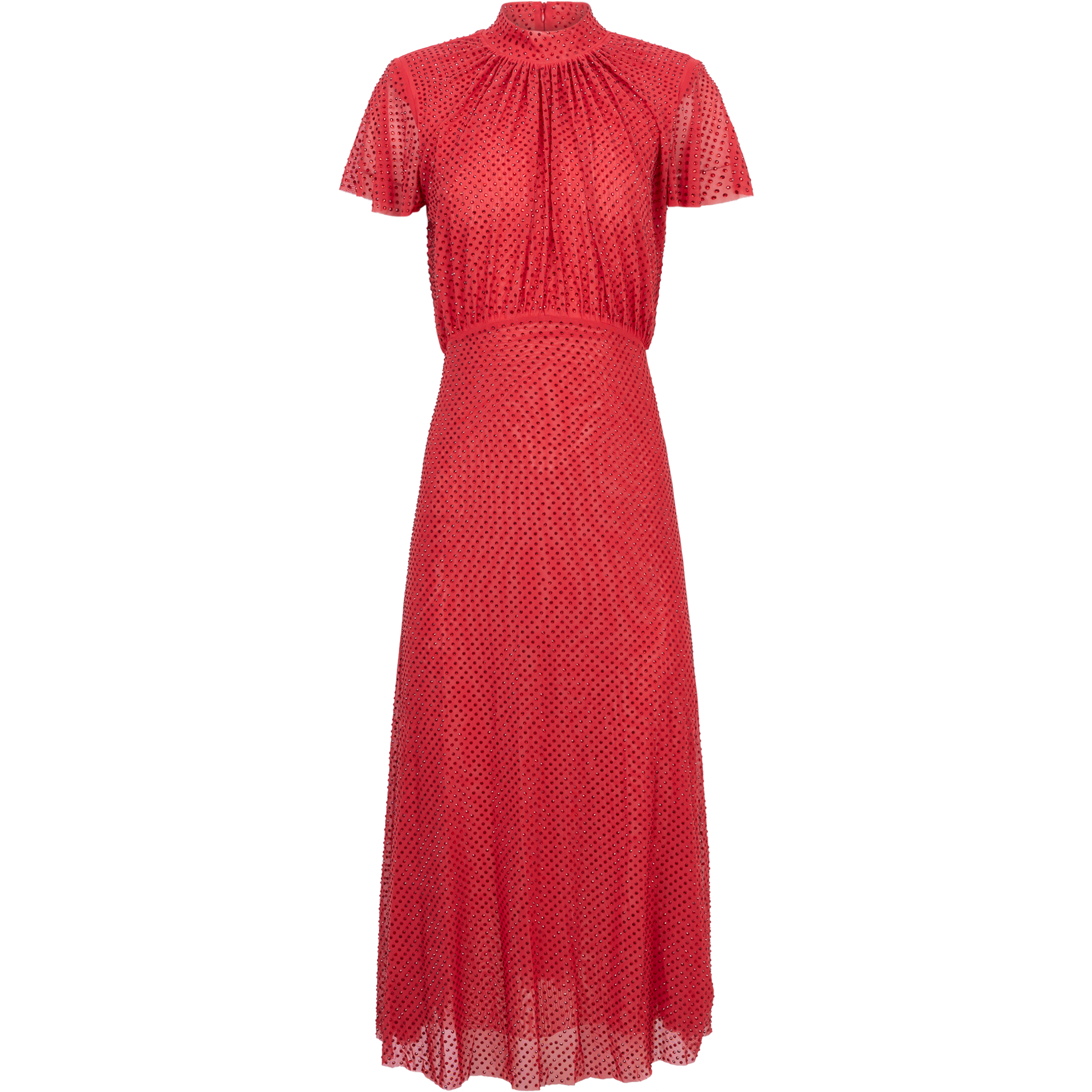Rhinestone Mesh Midi Dress - Red