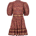 Giulia Print Puff Slv Pintucked Dress - Maroon