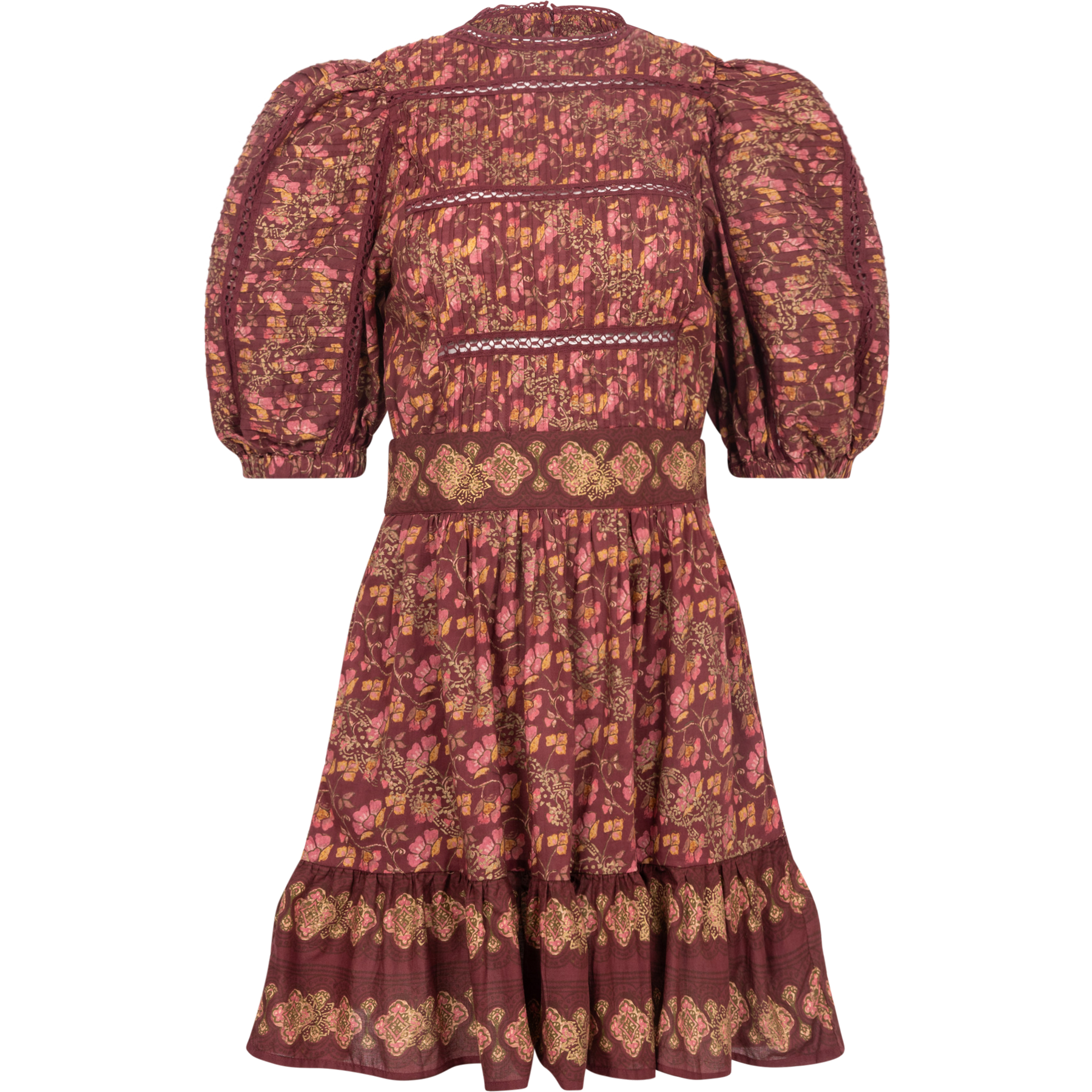 Giulia Print Puff Slv Pintucked Dress - Maroon