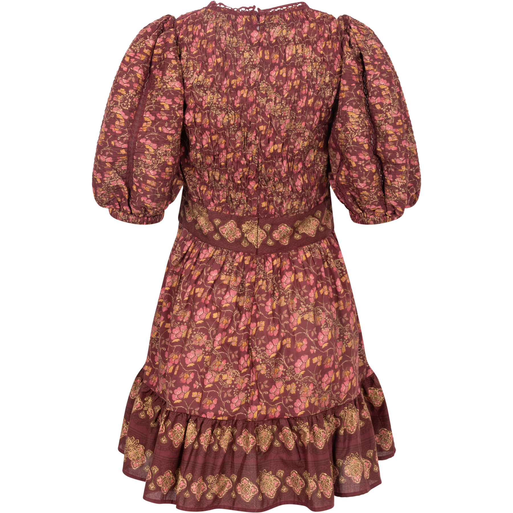 Giulia Print Puff Slv Pintucked Dress - Maroon