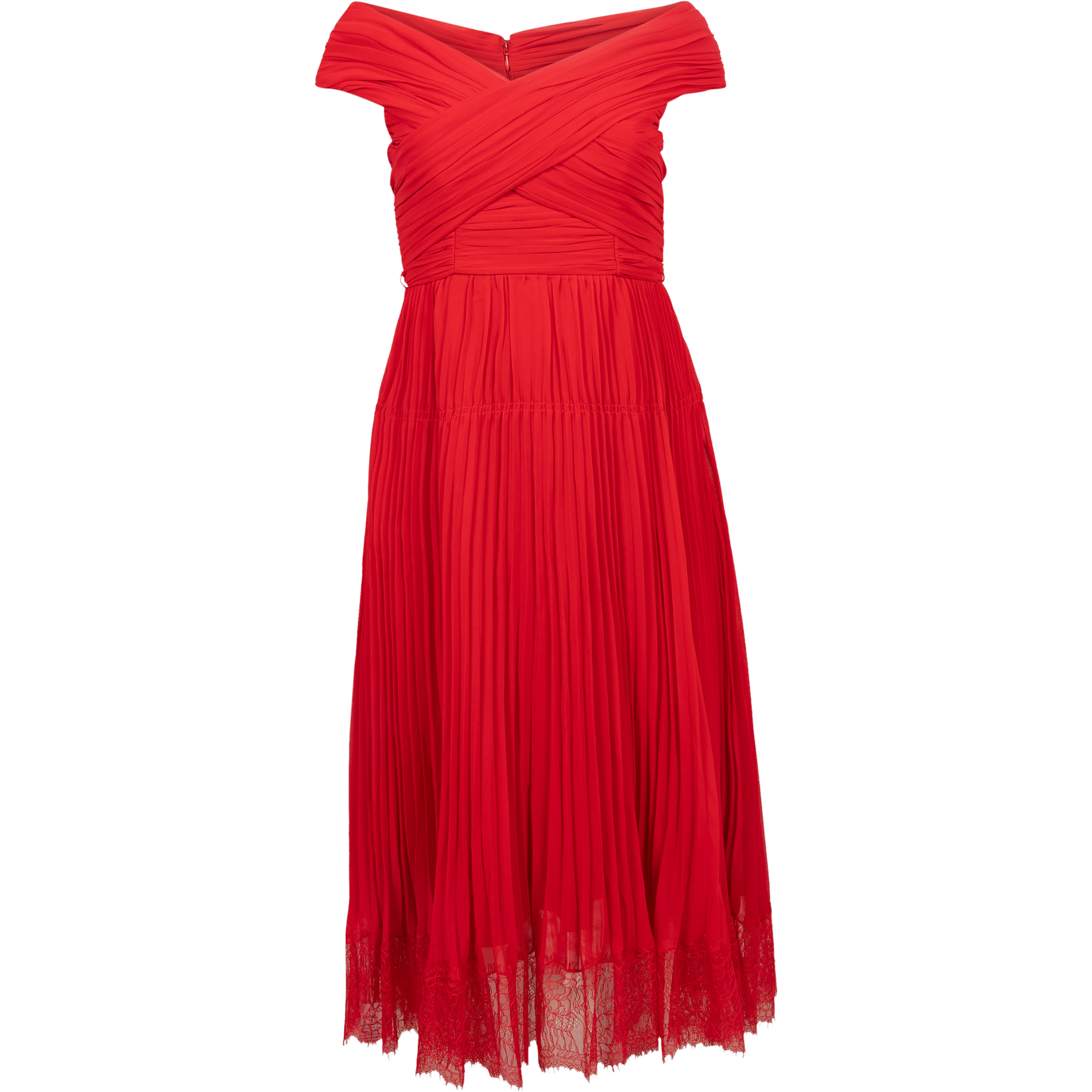 Chiffon Off Shoulder Midi Dress - Red