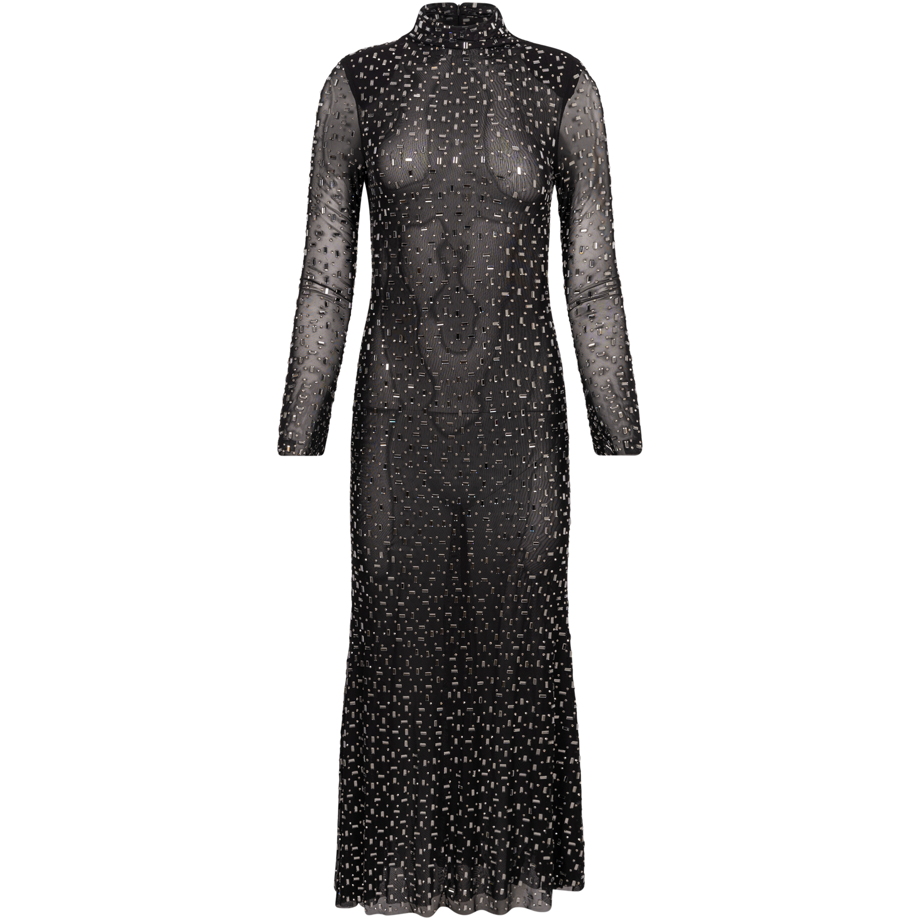 Square Rhinestone Mesh Midi Dress - Black