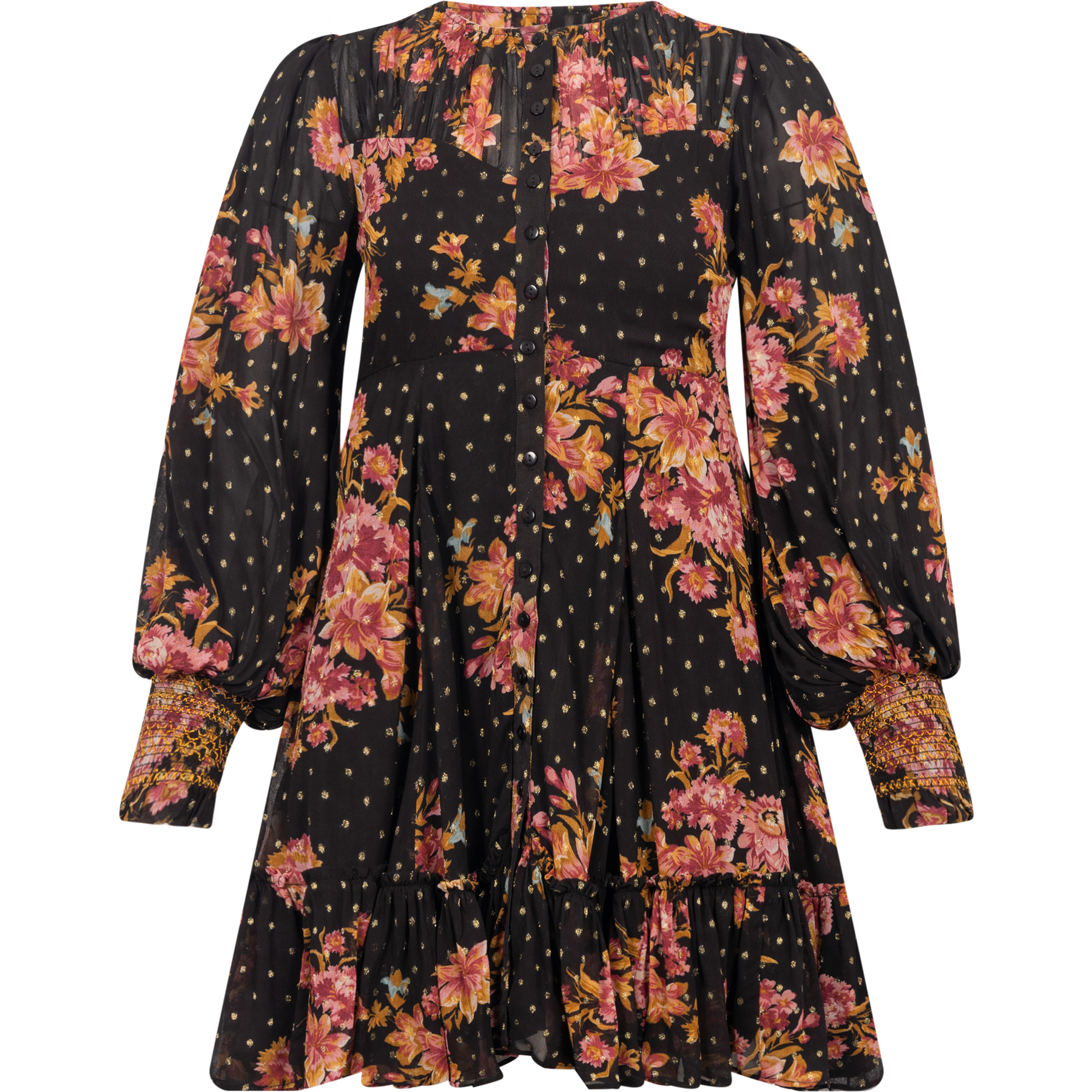 Golden Georgette Mini Dress - Autumn Bouquet