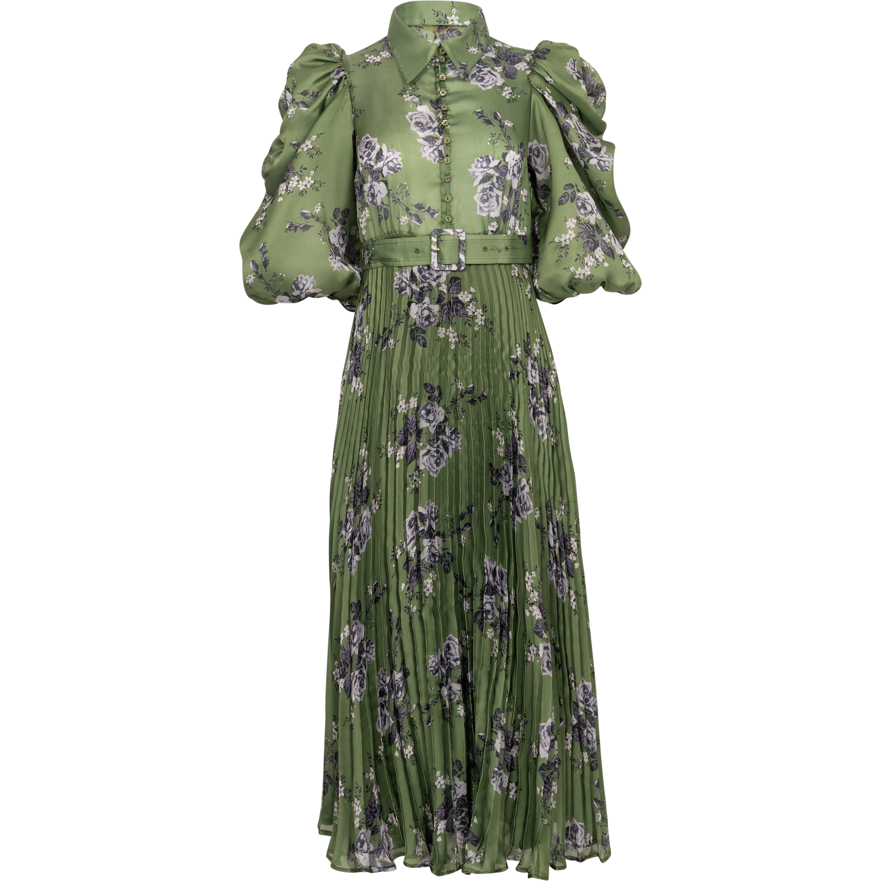 Plissé Maxi Dress - Green Roses