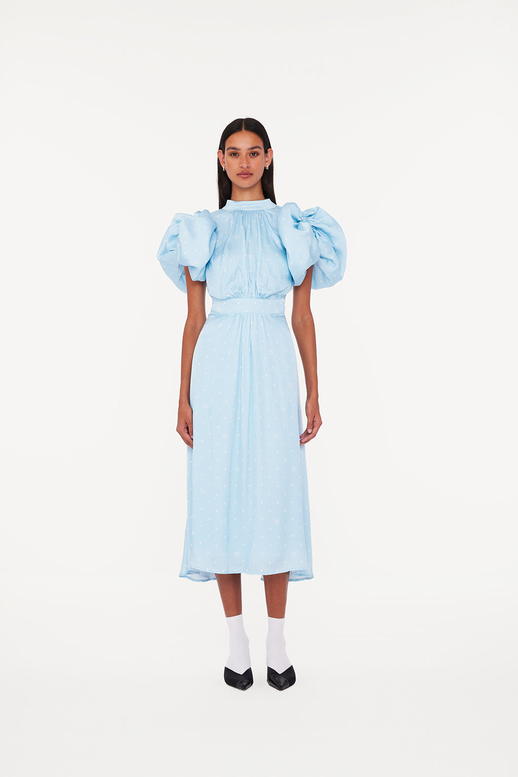Textured Midi Puffy Dress - Oval Polka Dot / Cool Blue Comb