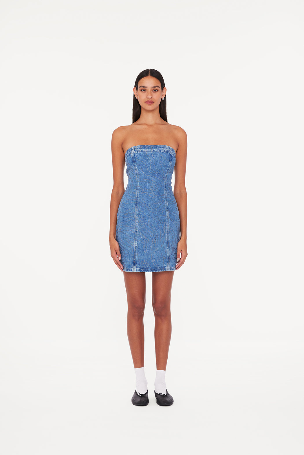 Rhinestone Denim Dress - Light Blue Denim