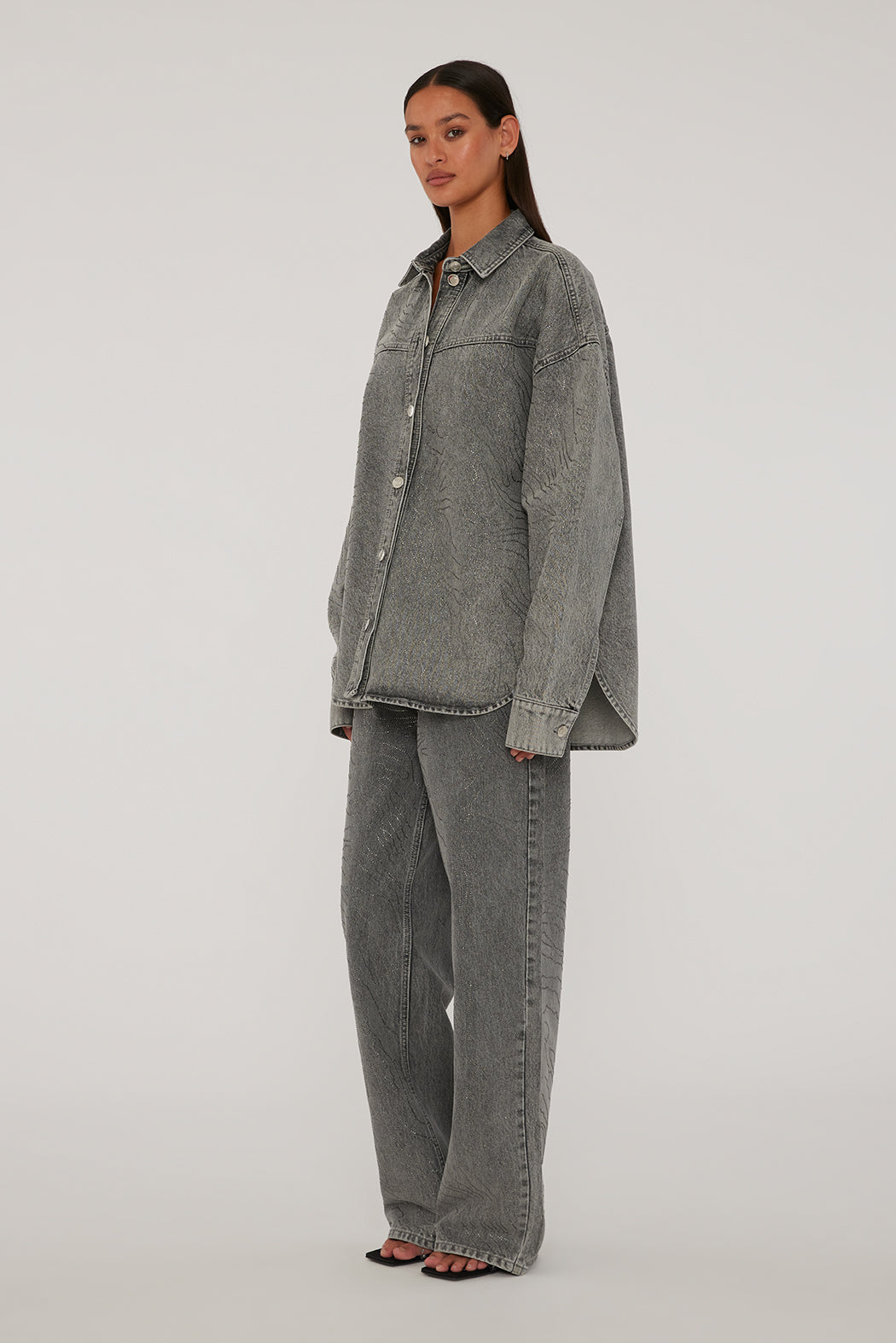 Rhinestone Denim Shirt - Grey Denim