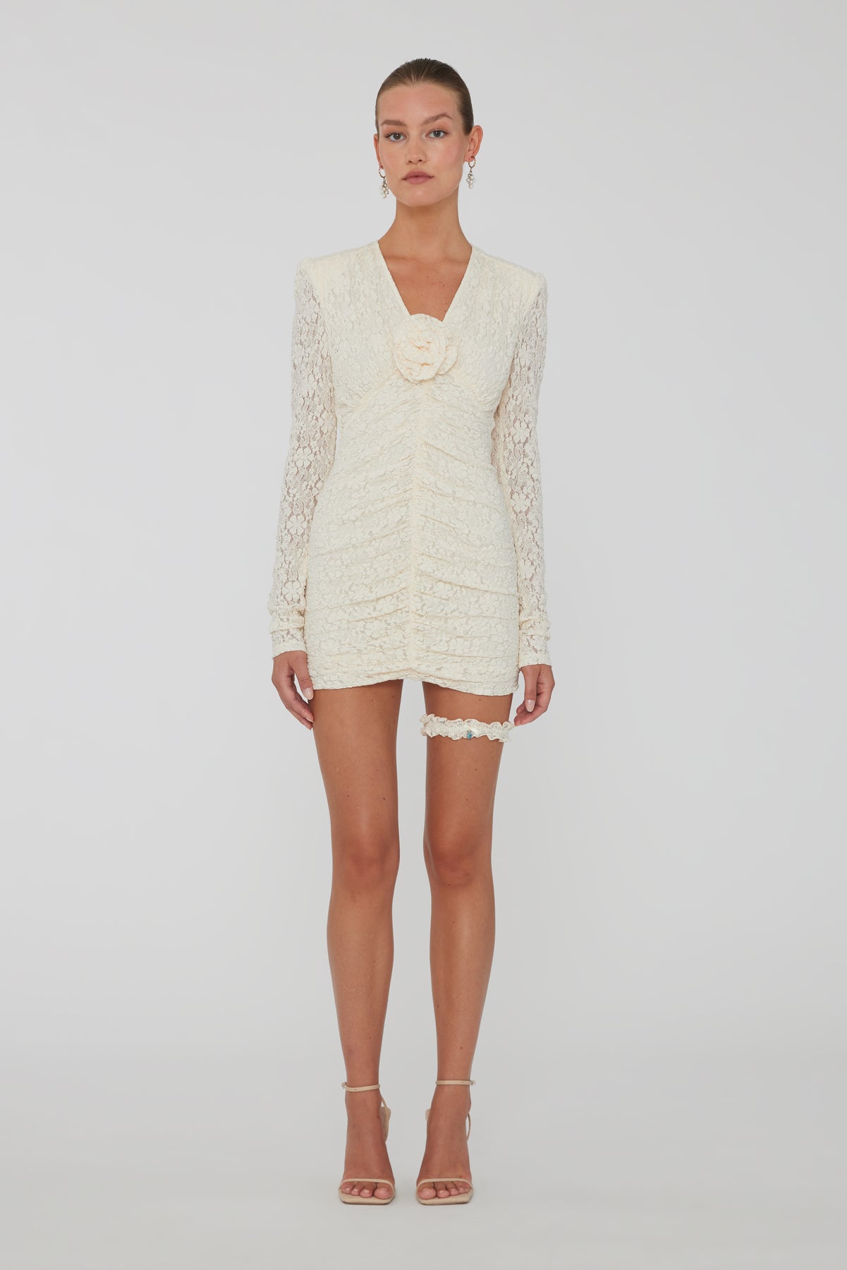 Lace Mini Dress V-Neck - Egret